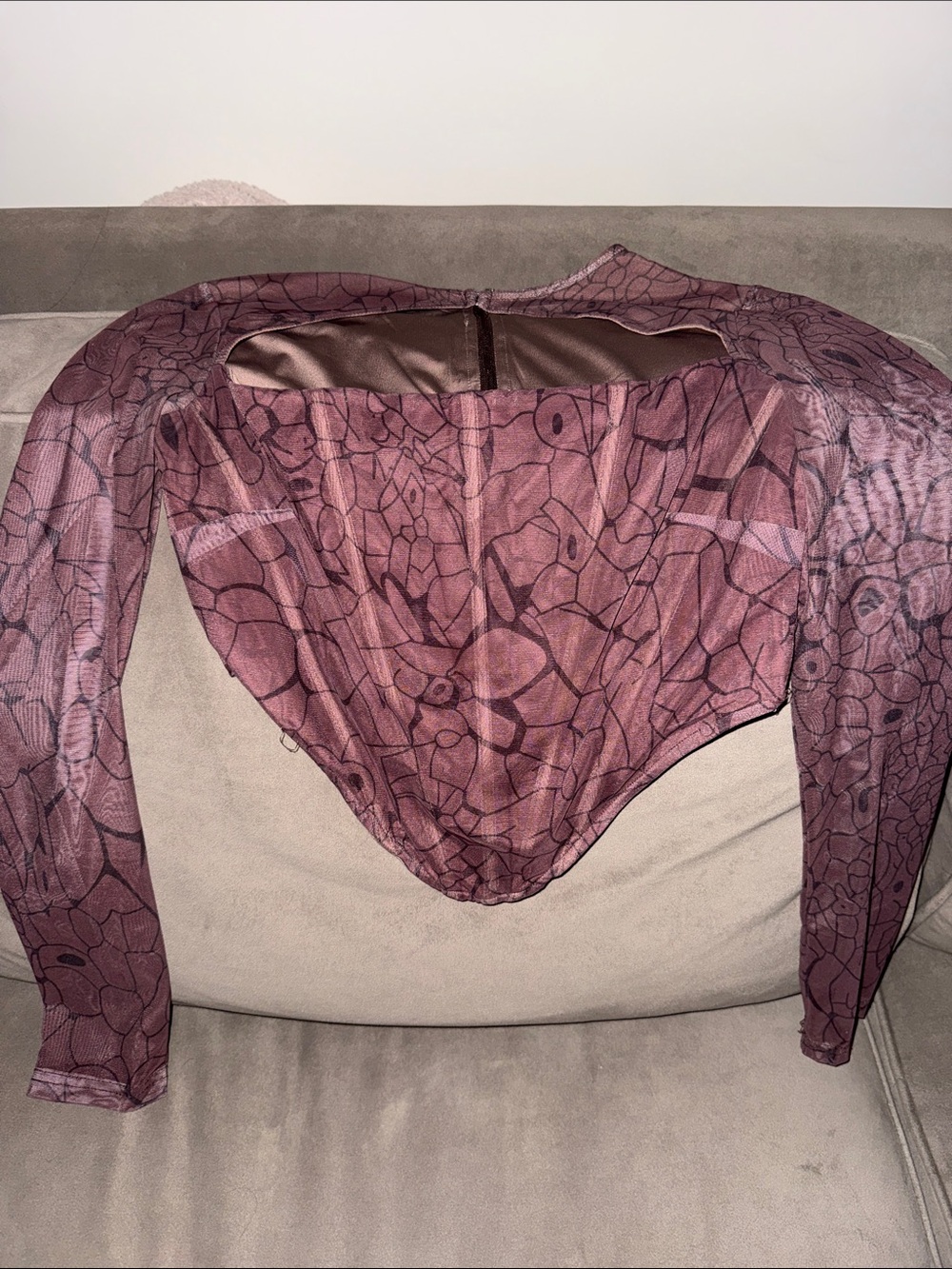 Fashion Nova Mauve Floral Sheer Long Sleeve Corset Mesh Sleeve Top